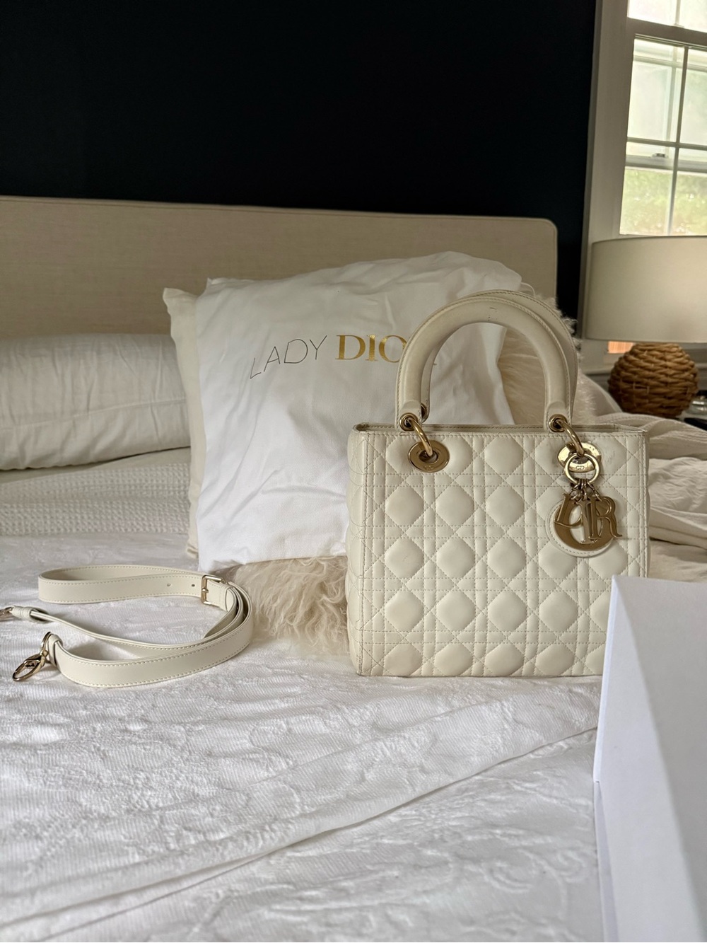 Dior Cream Quilted Lady Bag with Gold Hardware